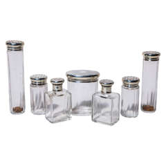 English Art Deco Crystal and Silver Dressing Set, Seven Pieces