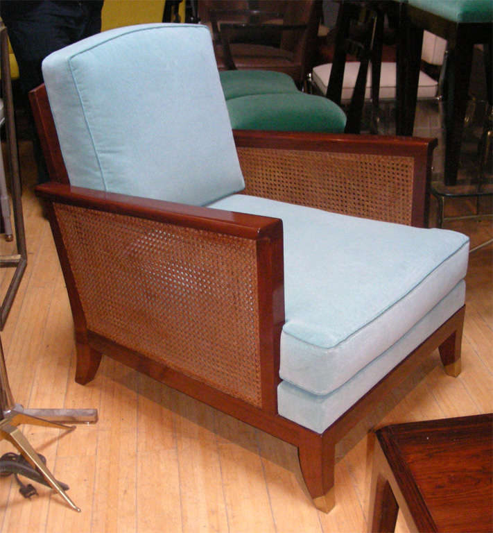 French Maurice Jallot Armchair in Cane and Blue Velvet For Sale
