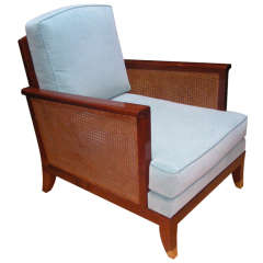 Maurice Jallot Armchair in Cane and Blue Velvet