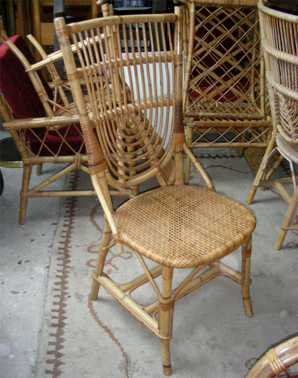 Mid-Century Modern French Riviera Set of Two Armchairs and Four Chairs in Rattan For Sale