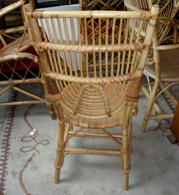 Mid-20th Century French Riviera Set of Two Armchairs and Four Chairs in Rattan For Sale