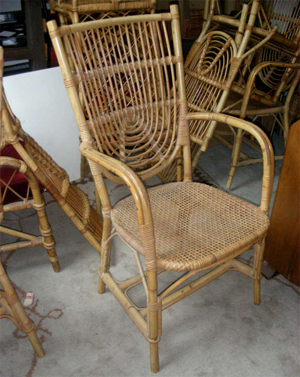 French Riviera Set of Two Armchairs and Four Chairs in Rattan For Sale 2