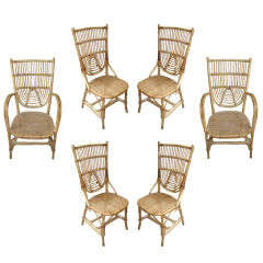 French Riviera Set of Two Armchairs and Four Chairs in Rattan
