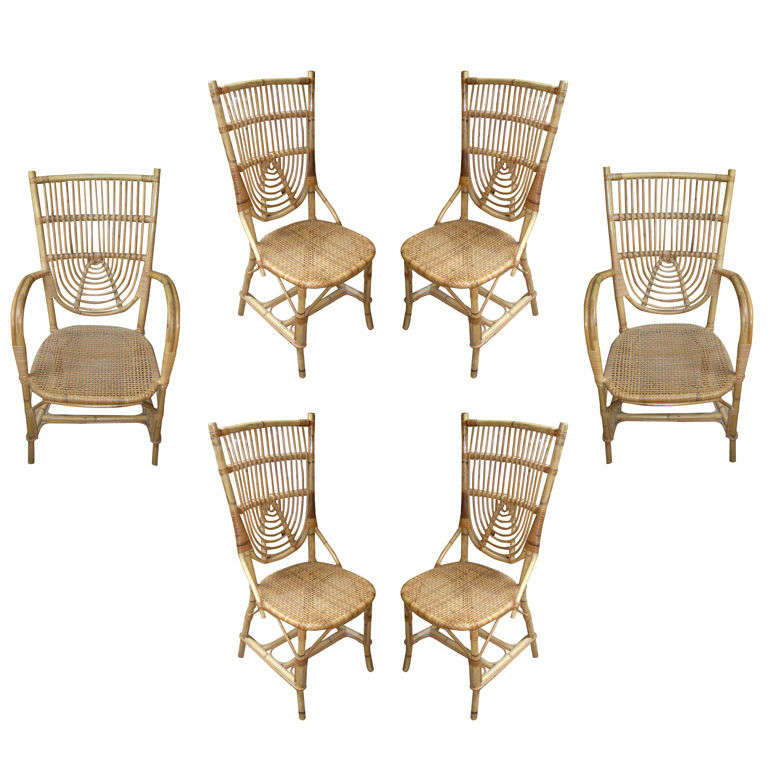 French Riviera Set of Two Armchairs and Four Chairs in Rattan For Sale