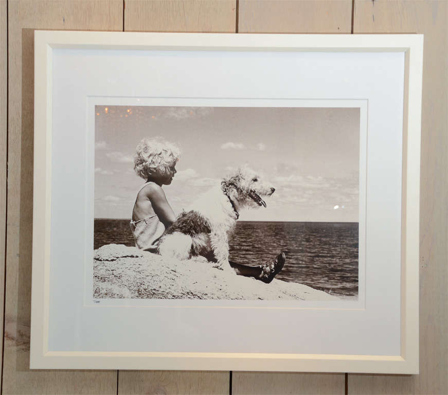 "Guard Dog" Sepia Photograph in a White Lacquered Frame