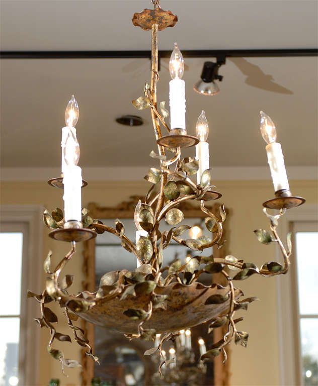 Spanish Six-Light Organic Metal Chandelier with Laurel Leaves and Branches 1