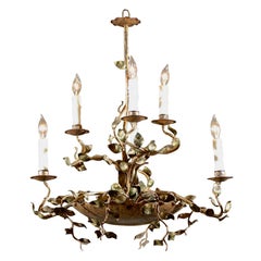 Spanish Six-Light Organic Metal Chandelier with Laurel Leaves and Branches