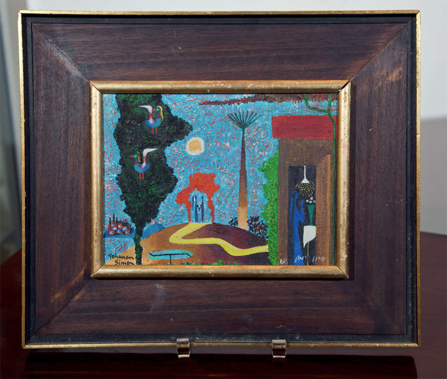 An oil on board by Israeli artist, Yohanan Simon, depicting figures at the altar and birds in a tree.  In its original frame.