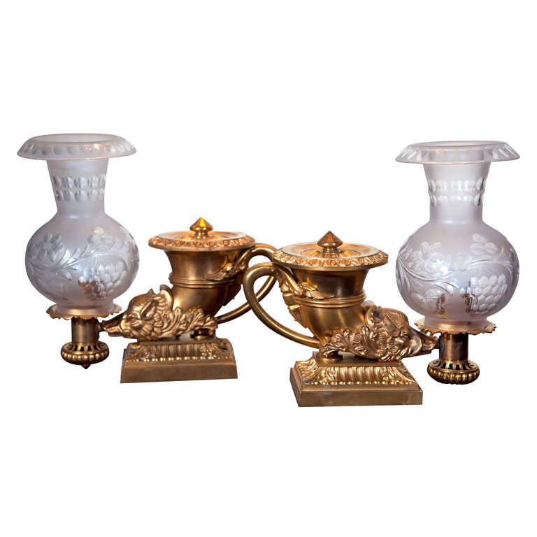 Pair of Bronze Dore Oil Lamps by Thomas Messenger For Sale