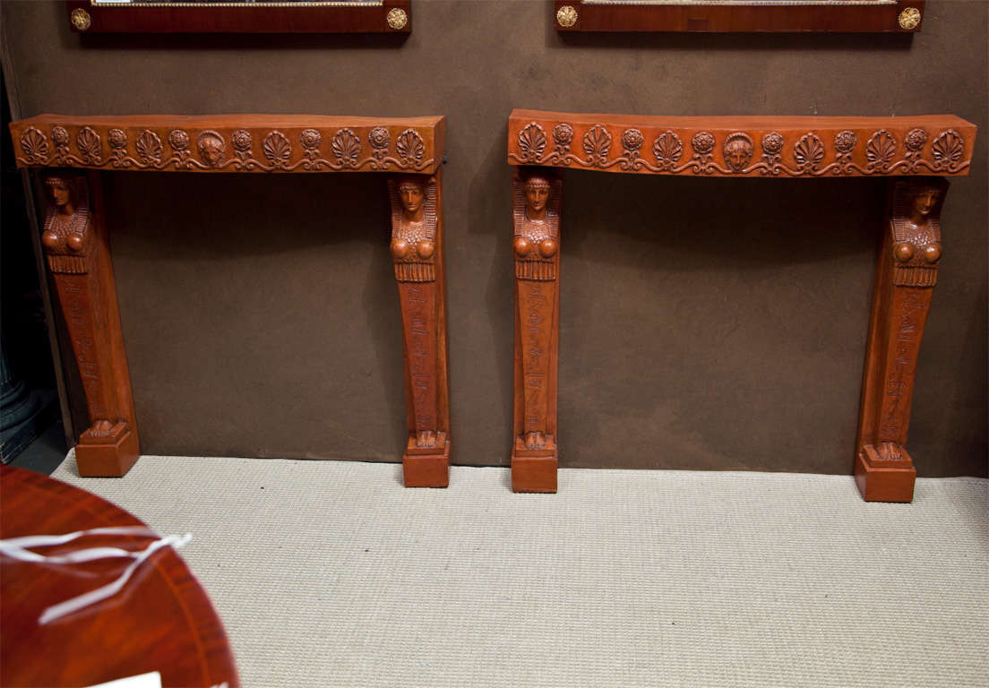 Pair of terra cotta console tables in three parts. Probably Italian. neoclassical in Egyptomania era.