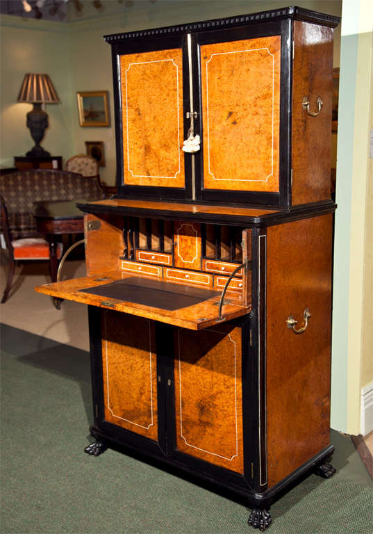 A British Colonial secretary, probably Anglo-Indian, in Campaign form with burl wood and ebony and bone inlay.

