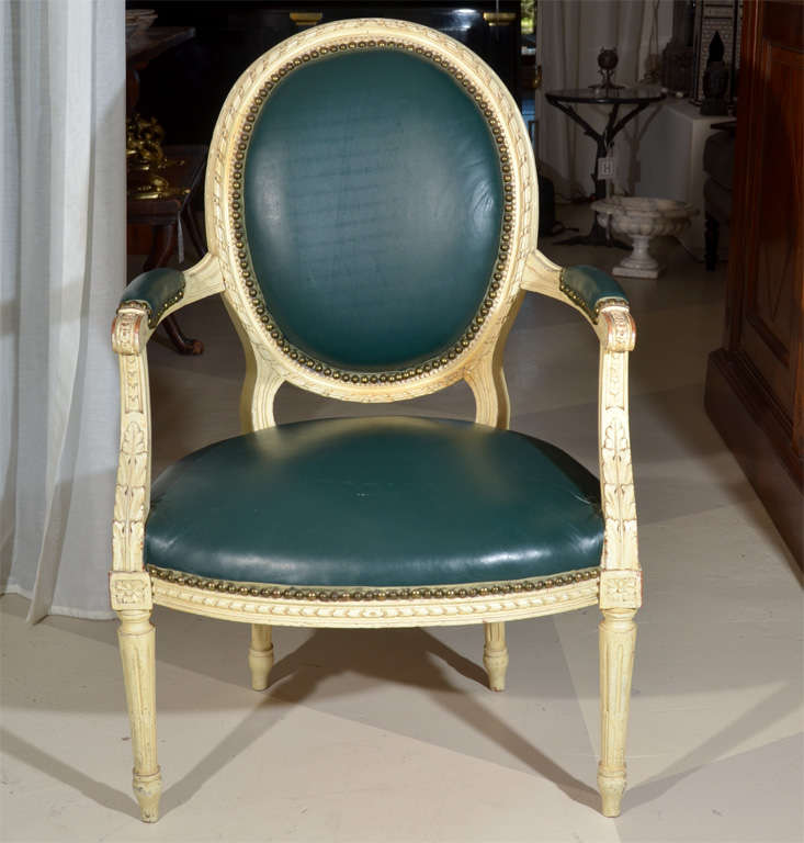 20th Century Louis XVI Style Painted Fauteuil Arm Chairs