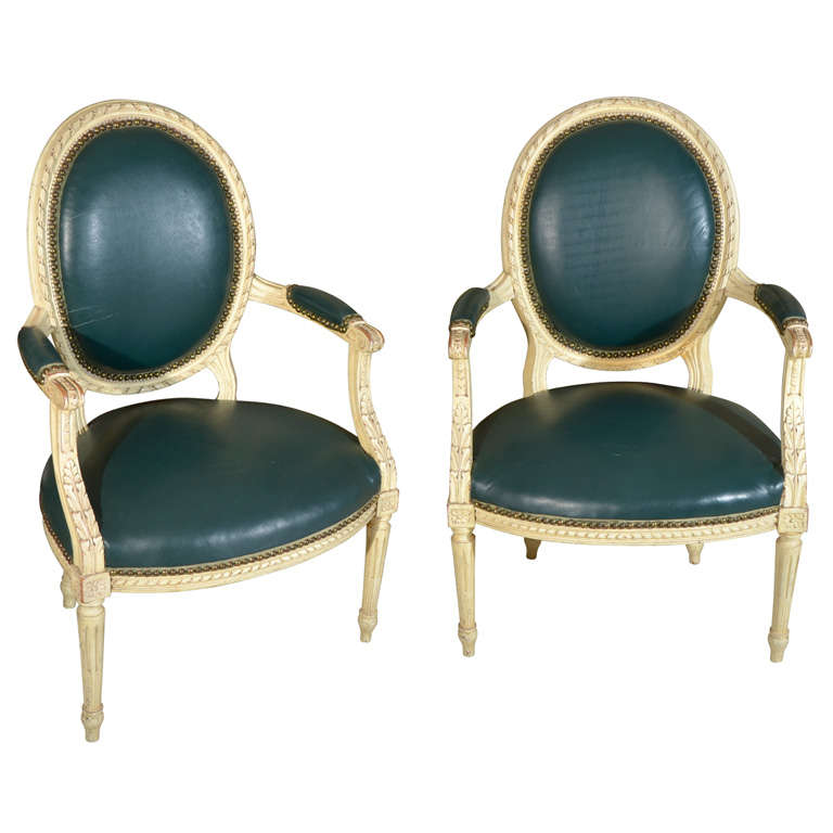 Louis XVI Style Painted Fauteuil Arm Chairs