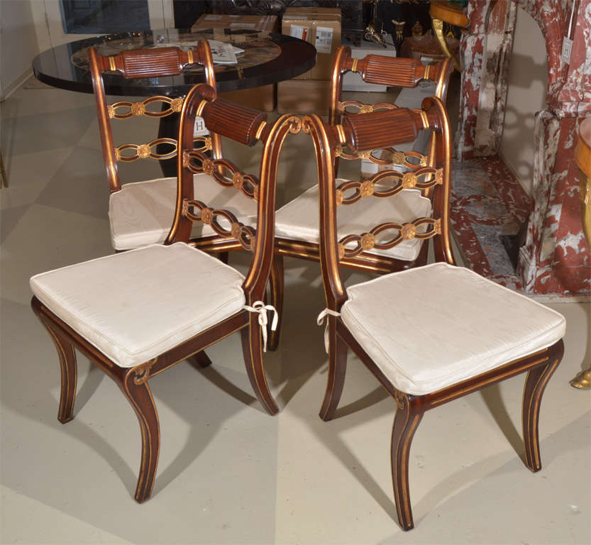 Set of 4 Mahogany & Gilt Side Chairs with Cane Seats, with loose seat cushions that tie