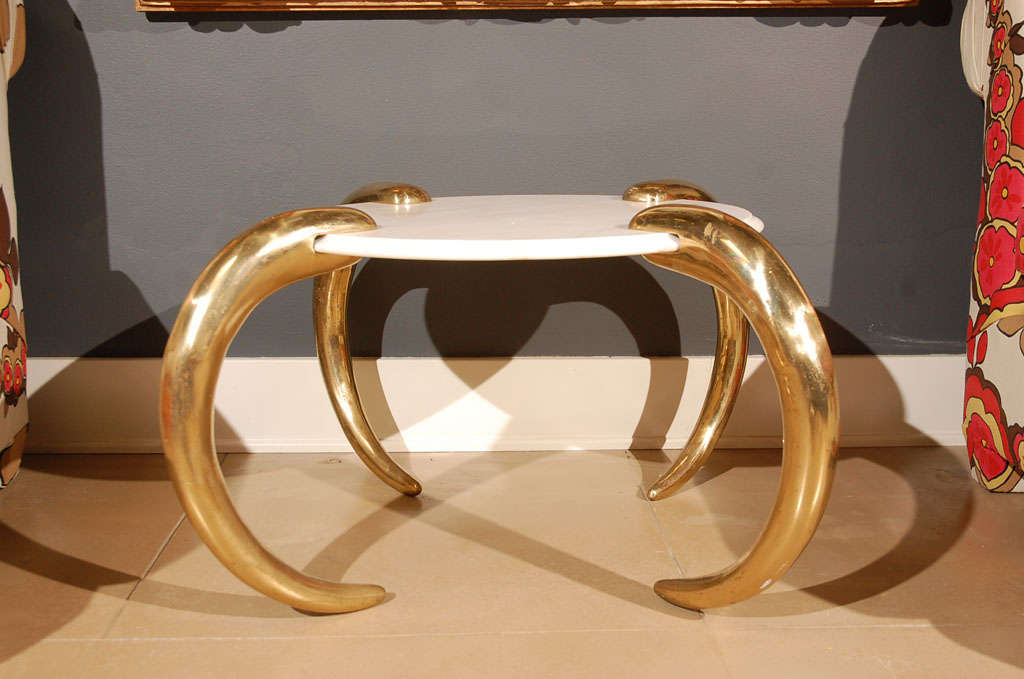 Vintage Italian brass and marble top side table with tusk-shaped legs