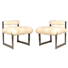 Pair of Chrome and Sheepskin Side Chairs in Milo Baughman style