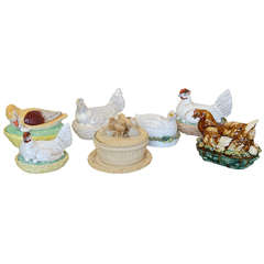 Rare European Collection of Seven .19Th C Majolica Hen on Nest