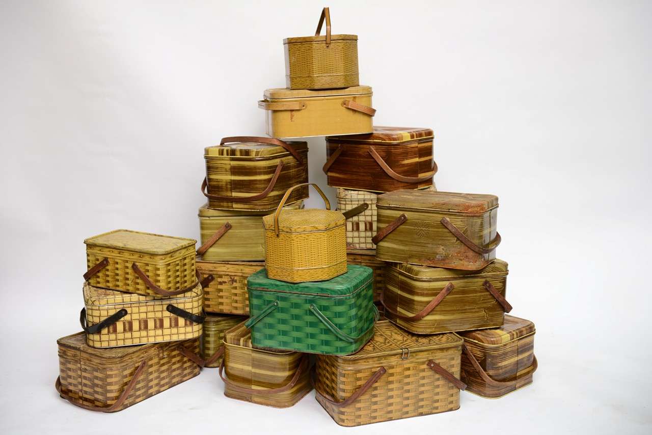 Whimsical collection of tin picnic baskets.....great display possibilities! (Lot of 20)