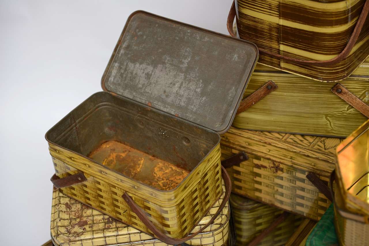 Vintage Tin Picnic Baskets In Fair Condition In West Palm Beach, FL