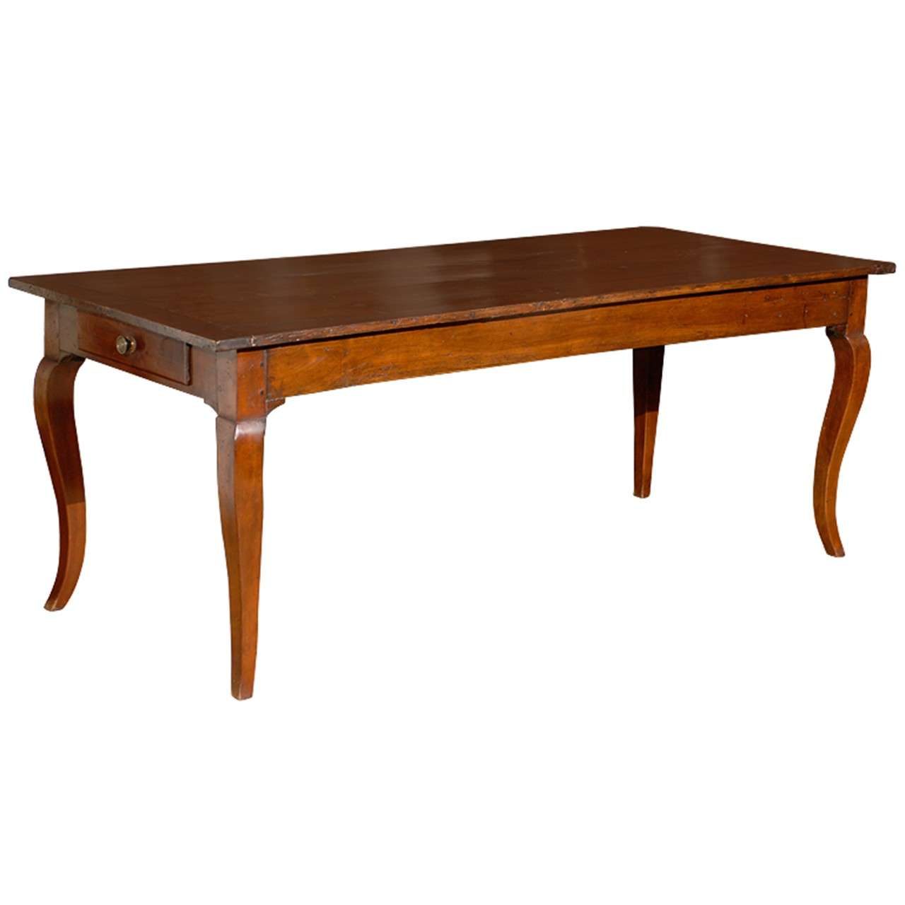 French Walnut Louis XV Style Farm Table with Cabriole Legs and Lateral Drawer