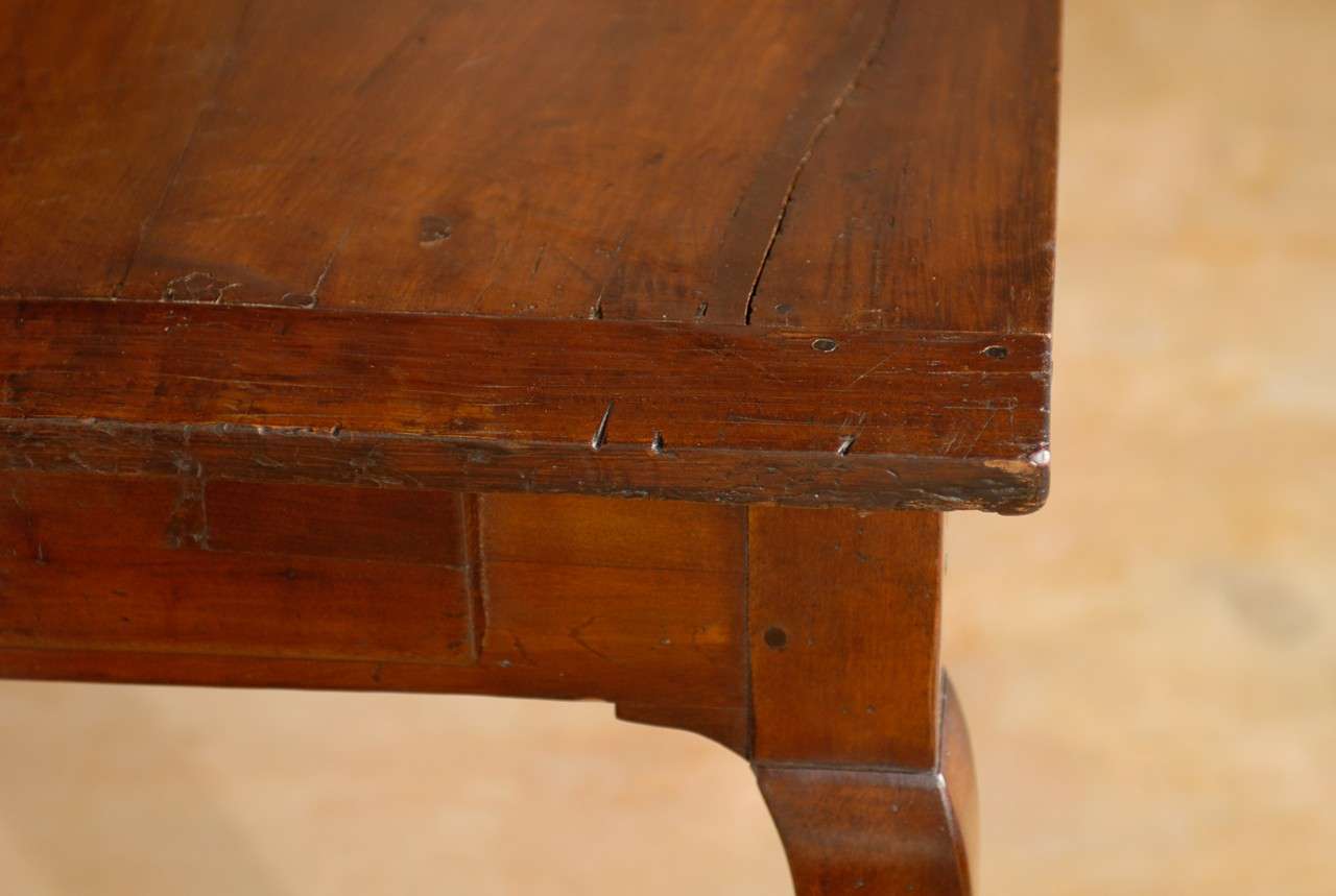 French Walnut Louis XV Style Farm Table with Cabriole Legs and Lateral Drawer 1