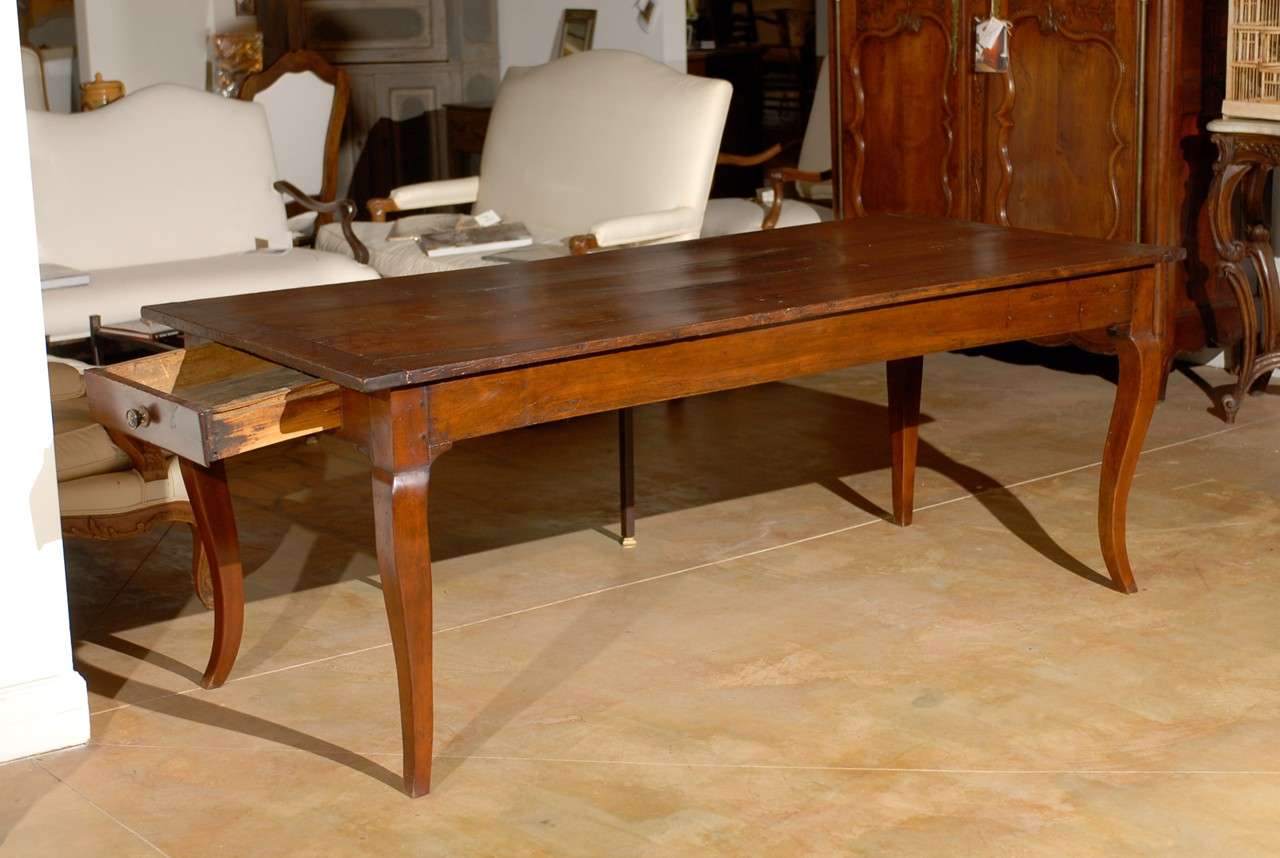 French Walnut Louis XV Style Farm Table with Cabriole Legs and Lateral Drawer 2