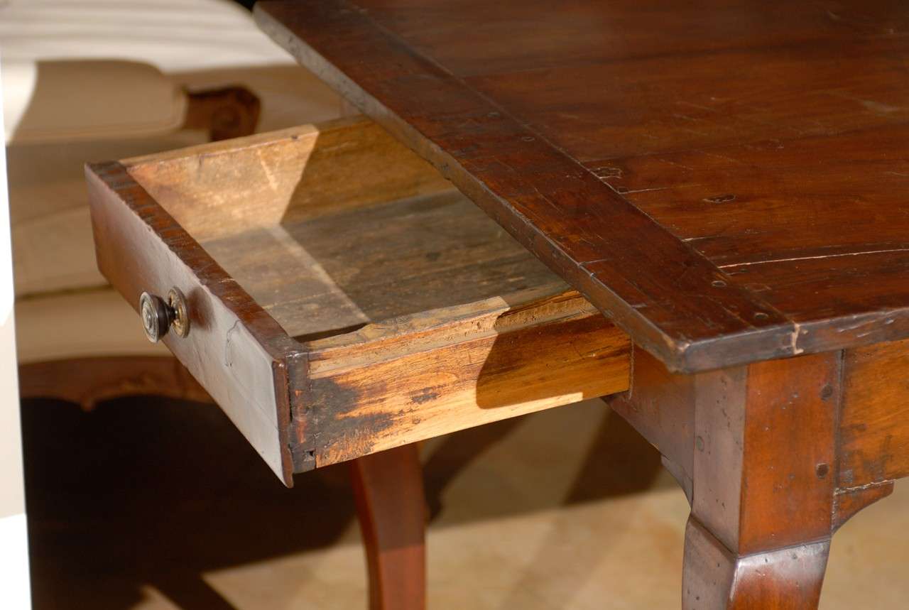 French Walnut Louis XV Style Farm Table with Cabriole Legs and Lateral Drawer 3