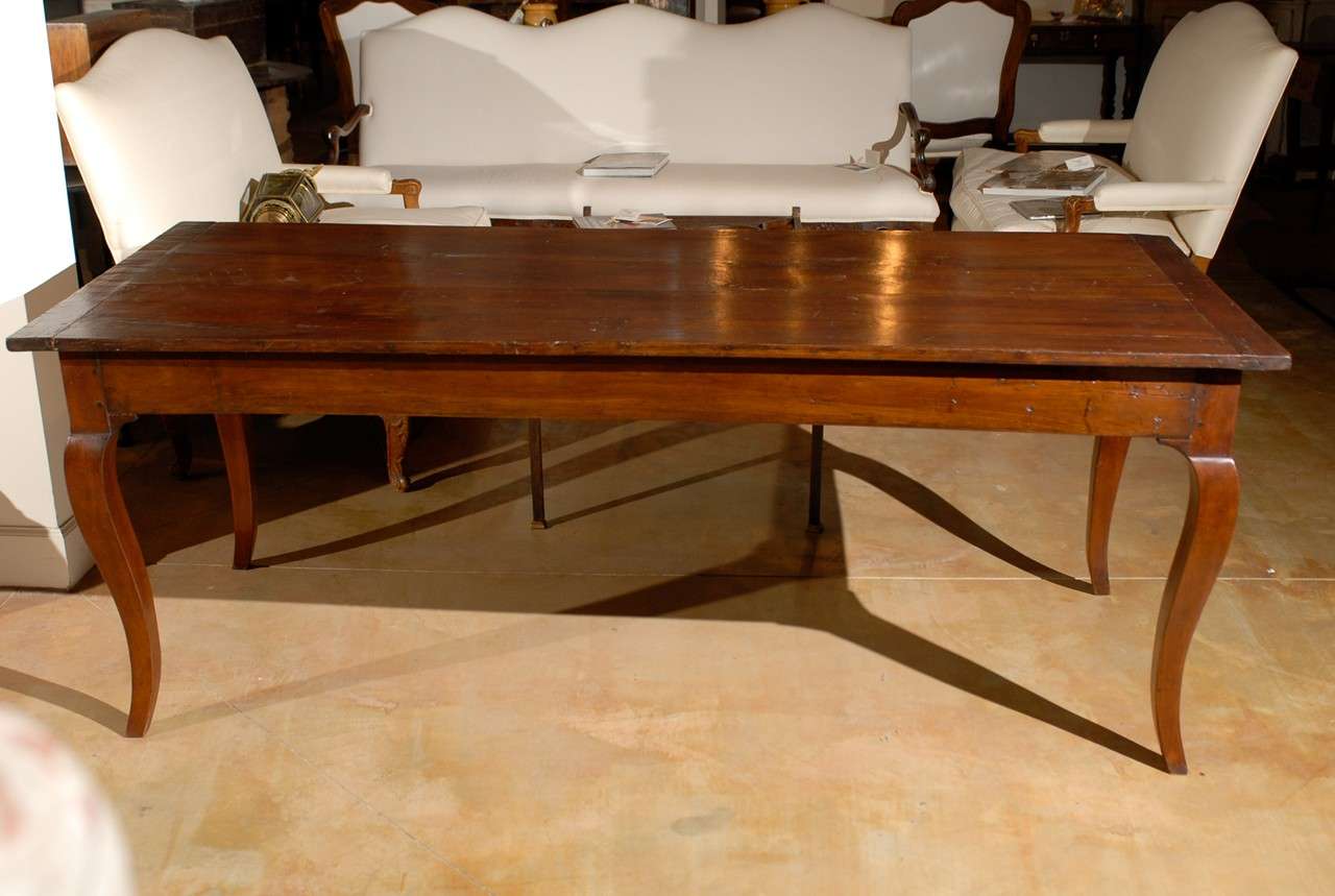 French Walnut Louis XV Style Farm Table with Cabriole Legs and Lateral Drawer 4
