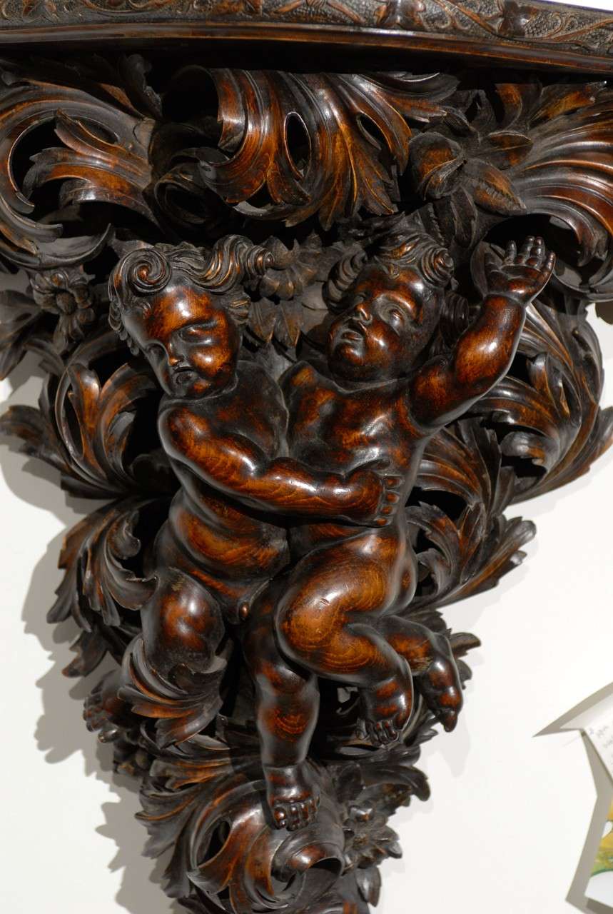 19th Century French Baroque Style Hand-Carved Walnut Bracket with Putti and Foliage, 1800s For Sale