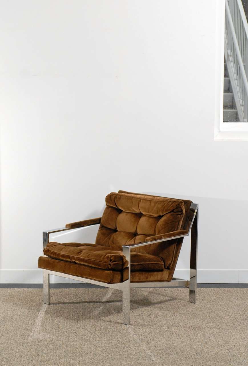Great pair of Lounge/Club chairs by Milo Baughman for Thayer Coggin. The chairs are in the original fabric. The chrome is in Excellent Vintage Condition. The price noted is for the pair.