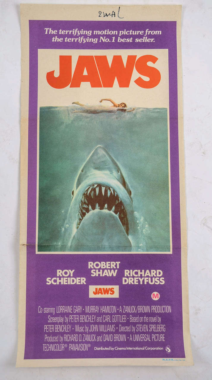 This is an original poster for the 1975 film 'Jaws'

Director Steven Spielberg
Starring Roy Scheider, Robert Shaw and Richard Dreyfuss