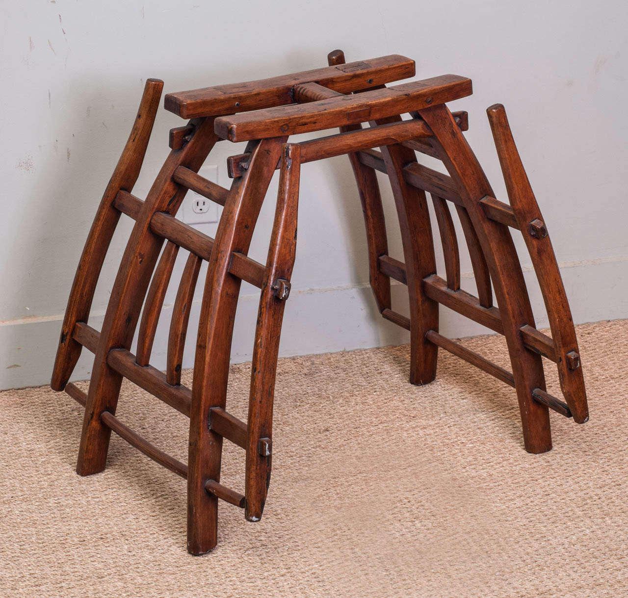 Expertly hand crafted with mortice and tenon construction in elmwood. This harness becomes a contemporary sculpture or unique table base.