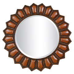 Antique Leather Framed Mirror with Brass Tacks by Baker