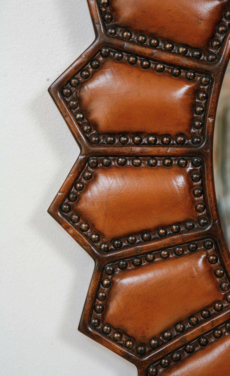 Antique Leather Framed Mirror With Brass Tacks By Baker