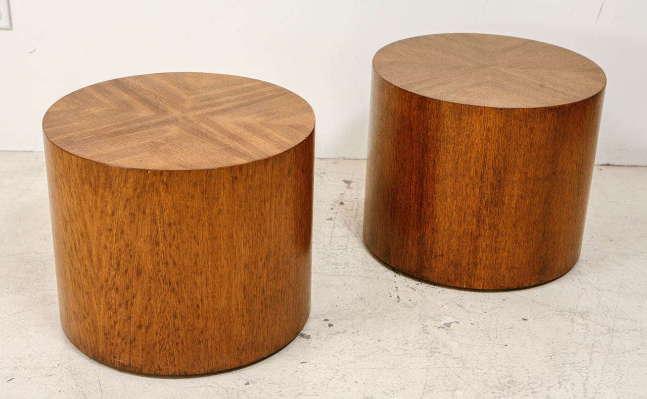 Pair of Oak Cylinder Tables by Milo Baughman for Henredon. Book Matched Rift Oak Cylinder End or Side Tables on hidden wheels.