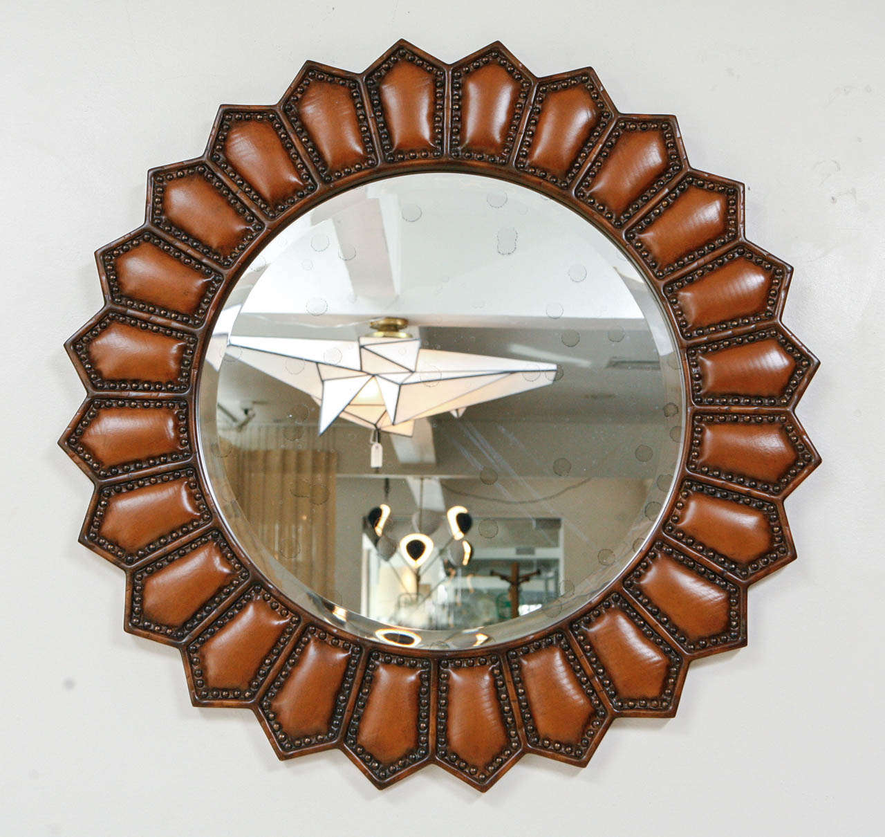 Antique Leather Framed Mirror with Brass Tacks by Baker at 1stDibs
