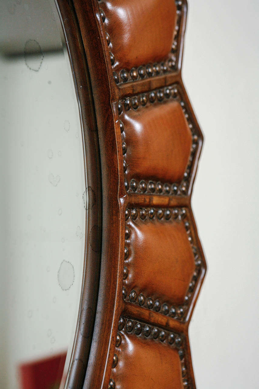 Antique Leather Framed Mirror with Brass Tacks by Baker at 1stDibs