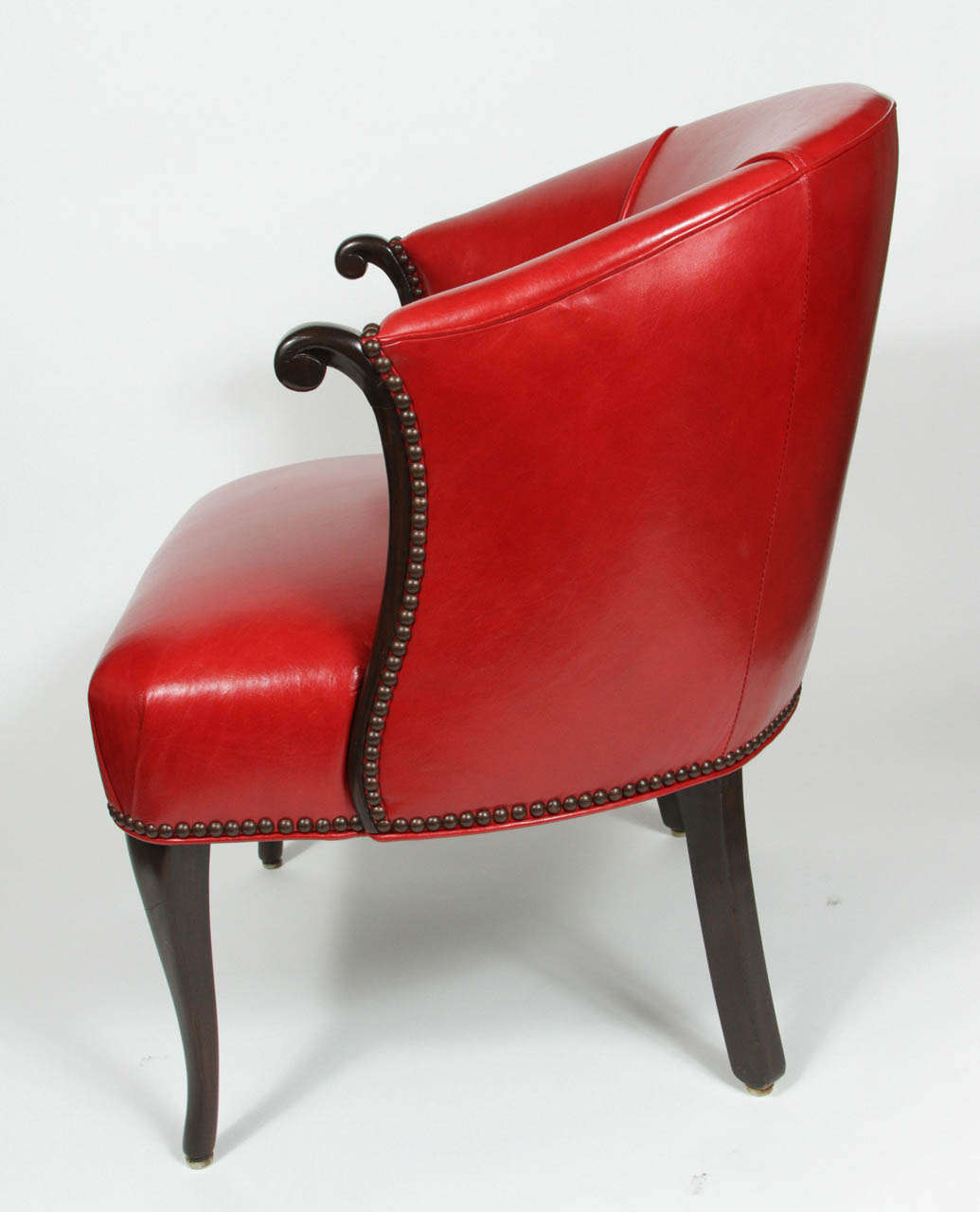 Red Leather Barrel Chair In Excellent Condition In Pasadena, CA