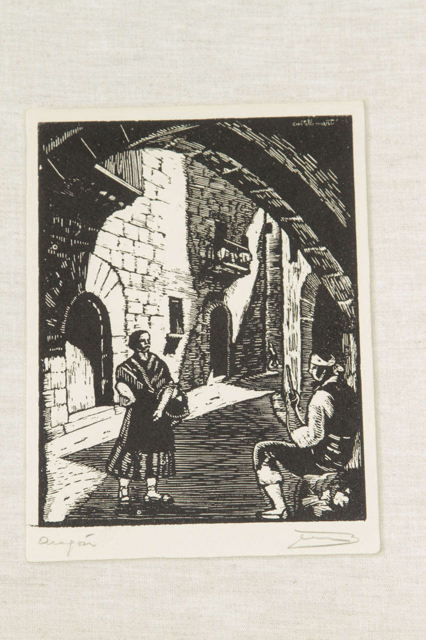 Unknown Vintage Woodblock Etchings by Juan Castells Marti For Sale