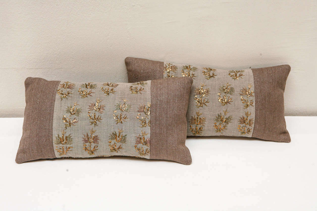 Linen pillows with metallic gold and olive needlework on a sage linen panel. Antique Ottoman Turkish textile. Taupe colored linen backs. Hidden zipper enclosures, feather & down fill. Priced individually at $350 each.  1 is SOLD