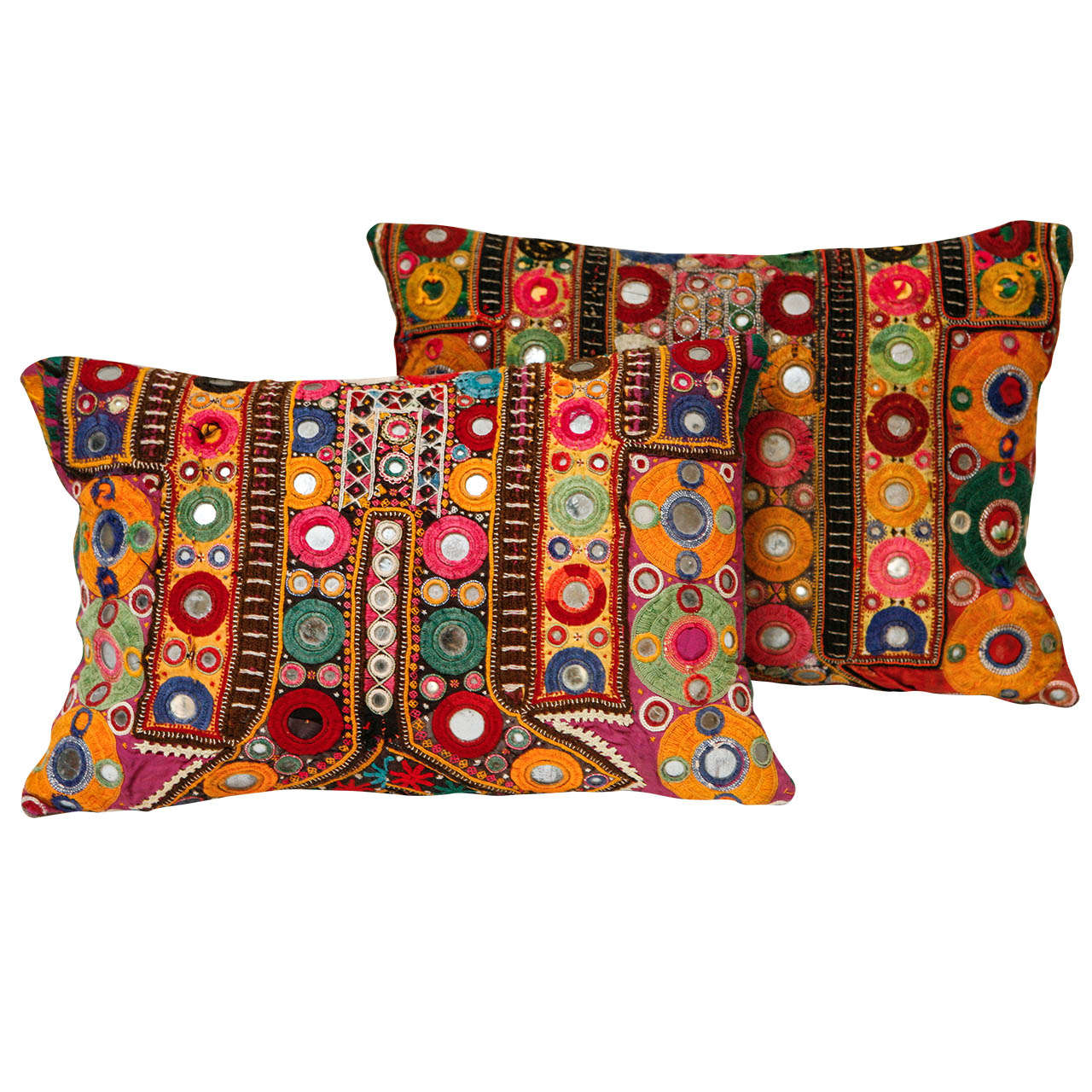 Vintage Indian Shisha Mirrorwork Pillow For Sale