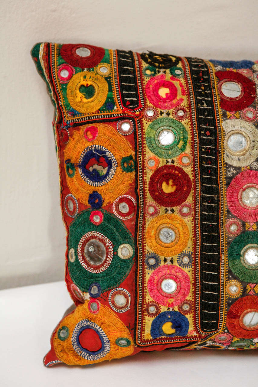 Silk Vintage Indian Shisha Mirrorwork Pillow For Sale