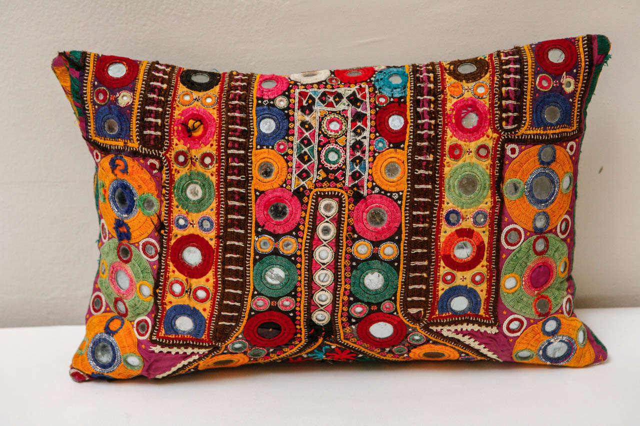 Vintage Indian Shisha Mirrorwork Pillow For Sale 3