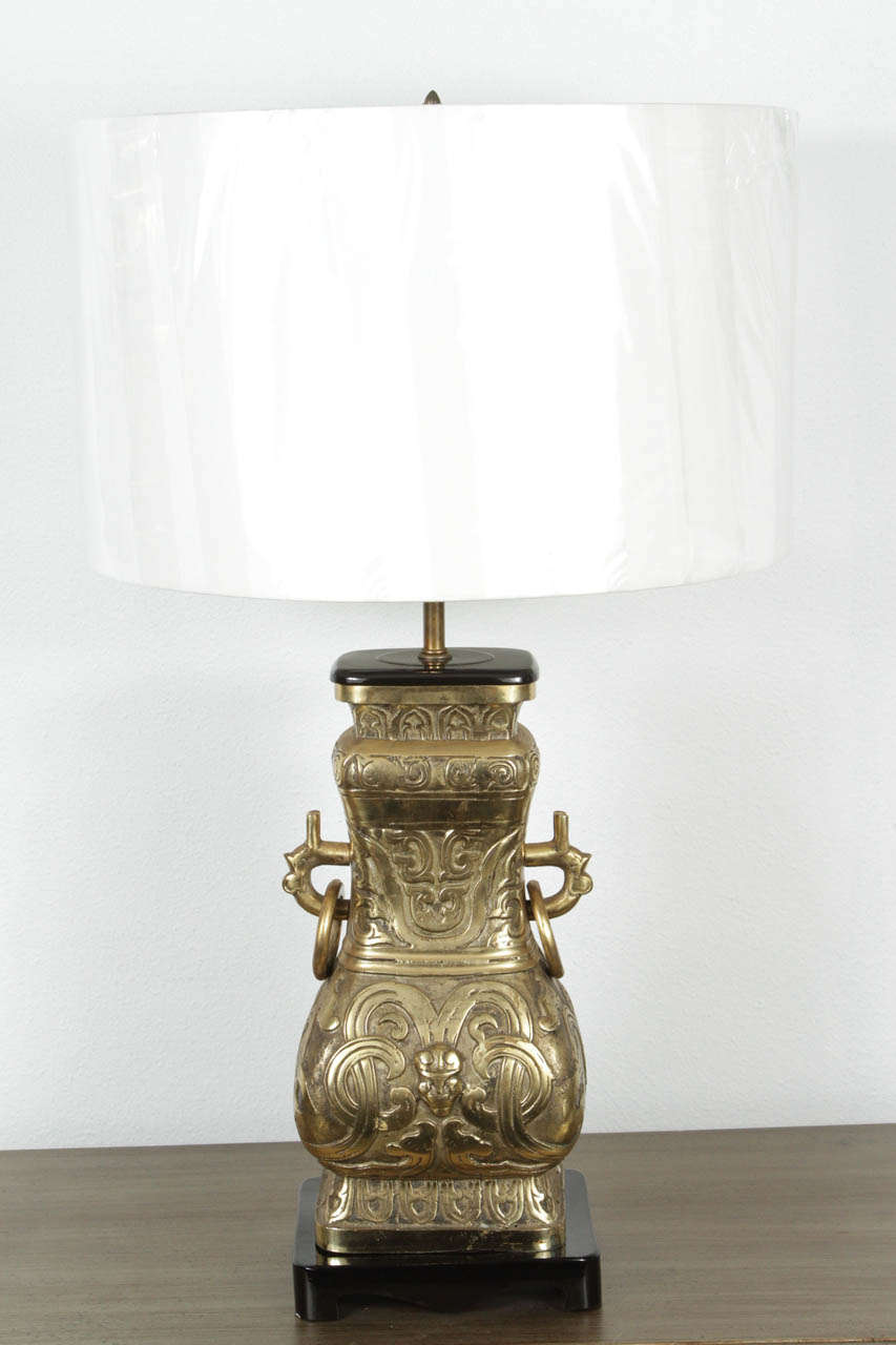 James Mont Style Asian Bronze and Brass Pair Lamps