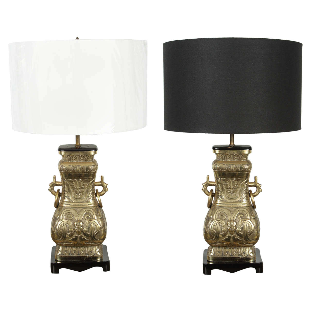 James Mont Style Asian Bronze and Brass Pair Lamps For Sale