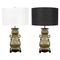 James Mont Style Asian Bronze and Brass Pair Lamps