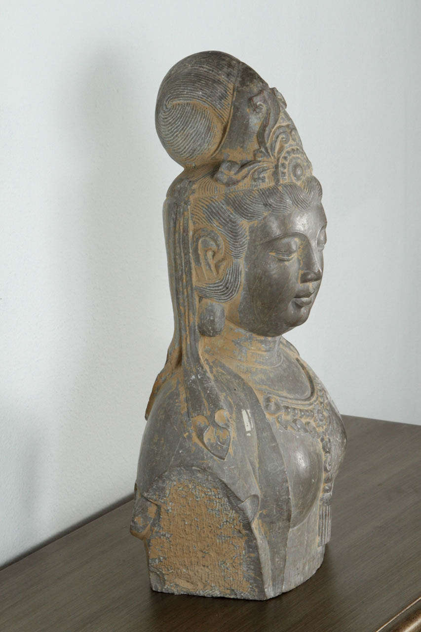 Chinese Stone Head of Guanyin, Early 20th century. For Sale 1