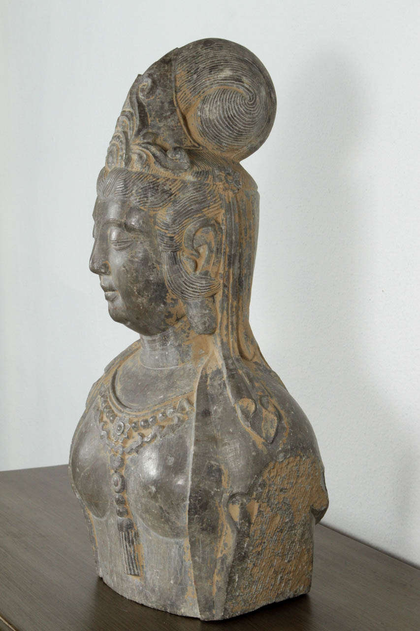 Chinese Stone Head of Guanyin, Early 20th century. For Sale 6