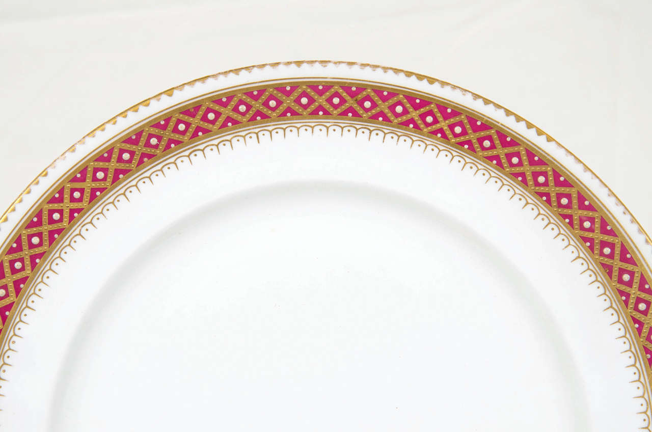 Neoclassical Dozen Copeland Dinner Dishes with Red and Gold Jeweled Borders