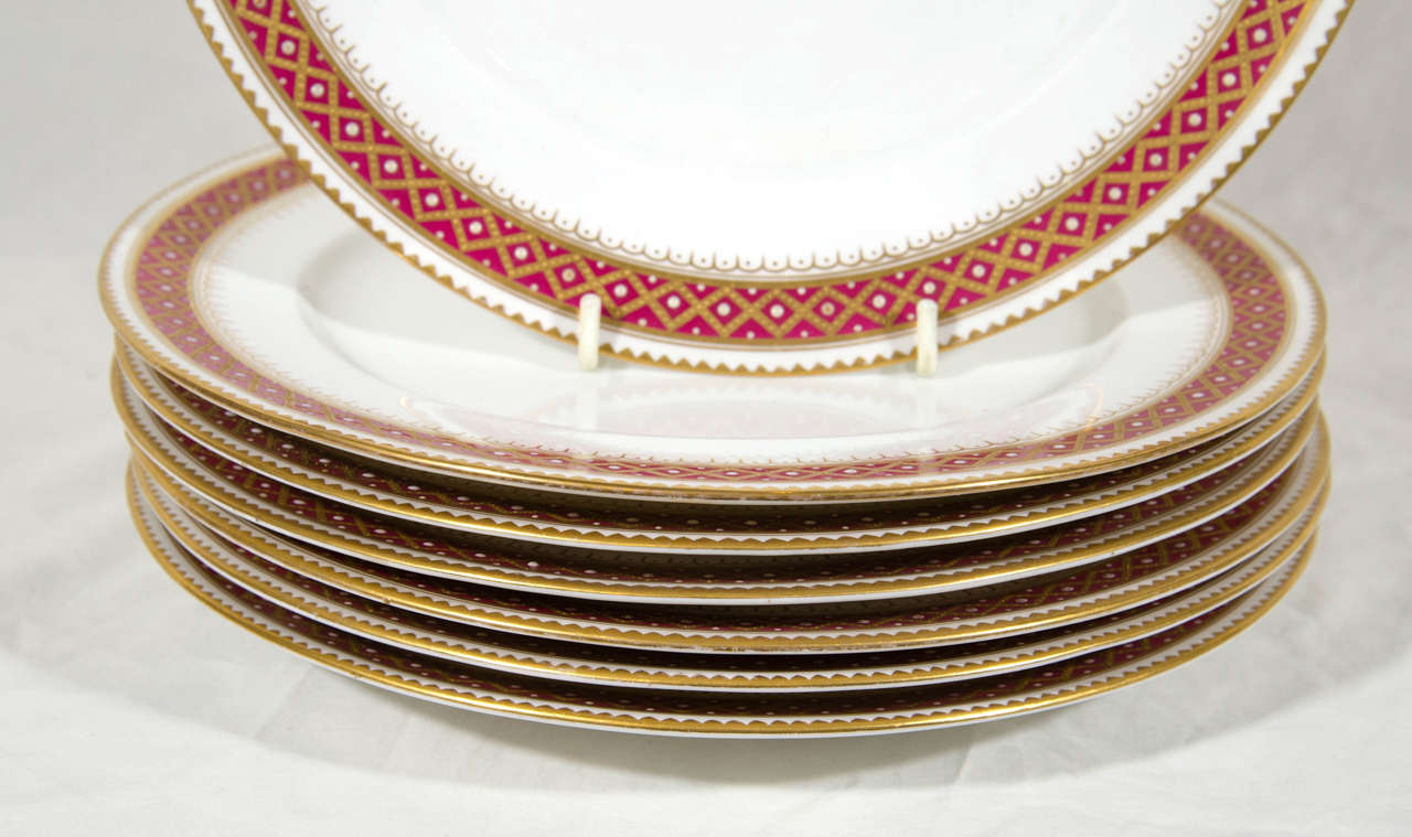 English Dozen Copeland Dinner Dishes with Red and Gold Jeweled Borders